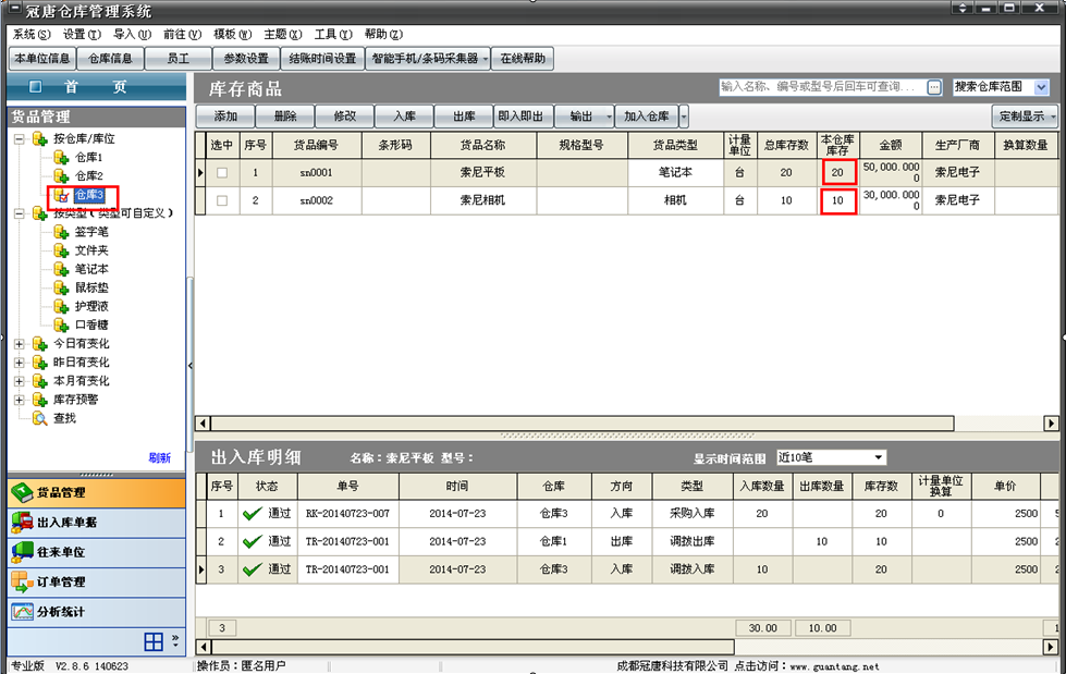 合并之后，然后系统会提示我们进行手动刷新各仓库的库存数，我们还是在工具里的多仓库处理那里找到更新各仓库的库存数，进行手动更新库存数。 我们再来看看，仓库合并之后，各仓库的数据是如何变化的。 仓库3，现在就拥有仓库1的货品数量，包括索尼平板20台，索尼相机10台