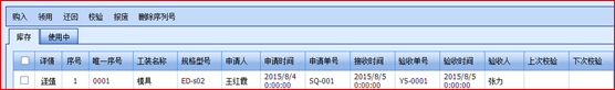 每个工装模具可进行购入、领用、还回、校验、报废、删除序列号等操作