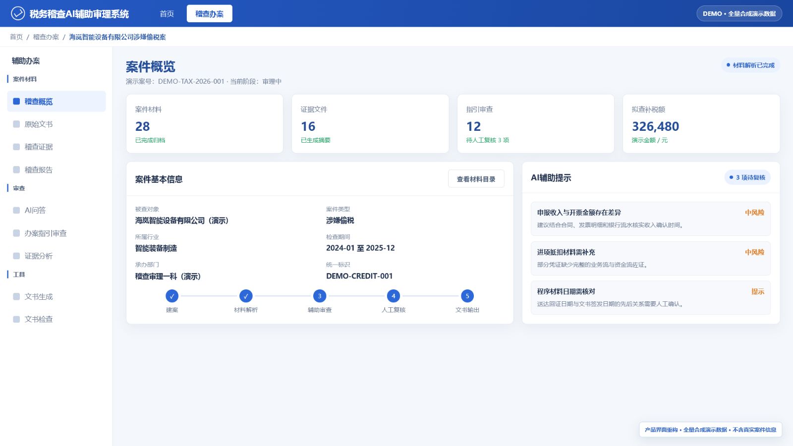使用全量合成演示数据重构的成都冠唐科技税务稽查AI辅助审理系统界面